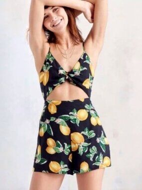 Kimchi Blue Womens Lemon Print Cutout Tie Bust Romper Black Yellow Size XS